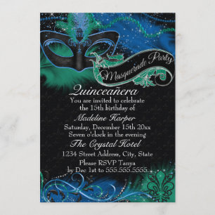 Convites Sparkle Blue & Green Mask Mascarada Quinceanera