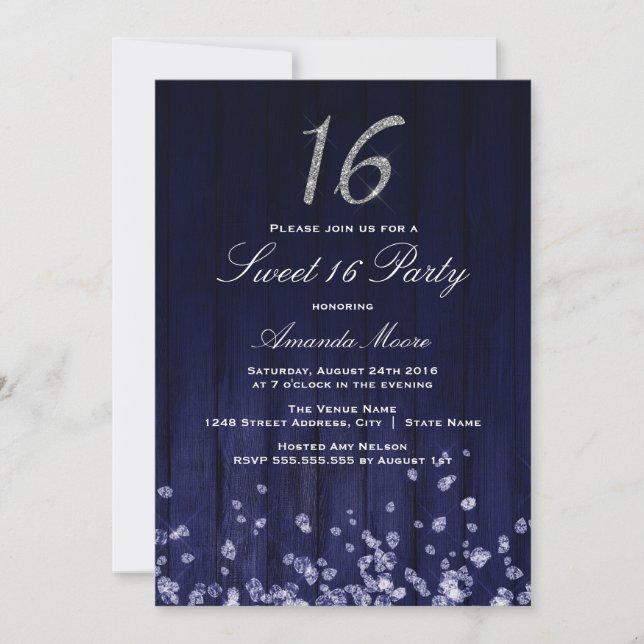 Convites Sparkle Diamond Blue Silver Sweet 16 Invite (Frente)