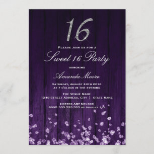 Convites Sparkle Diamond Purple Silver Sweet 16 Invite