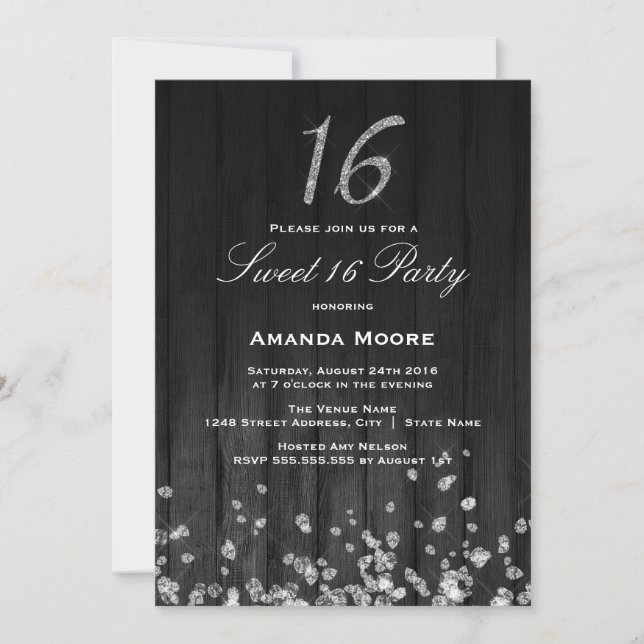 Convites Sparkle Diamond Silver Black Sweet 16 Invite (Frente)