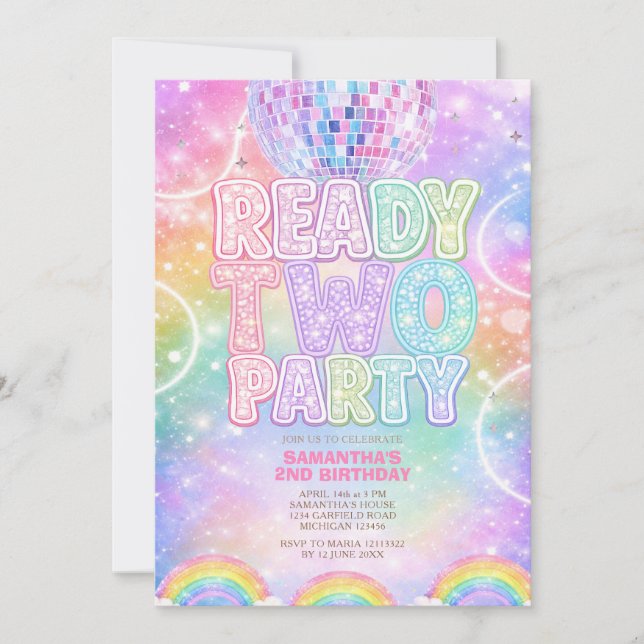 Convites Sparkle Disco Ball Pastel Rainbow Second Birthday  (Frente)