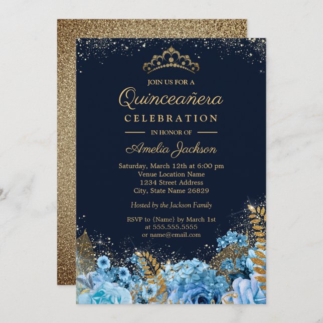 Convites Sparkle Dourado Blue Glitter floral Quinceanera 15 (Frente/Verso)
