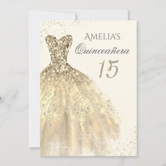 Convites Sparkle Dourado Dress 15 Quinceanera (Frente)