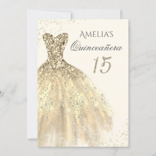 Convites Sparkle Dourado Dress 15 Quinceanera