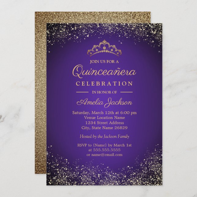 Convites Sparkle Dourado Roxo Glitter Quinceanera 15 (Frente/Verso)