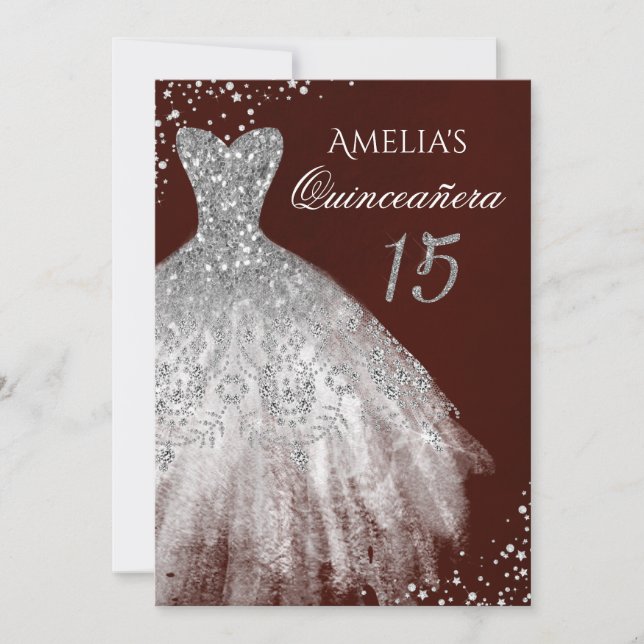 Convites Sparkle Dress Burgundy Silver Quinceanera (Frente)