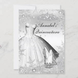 Convites Sparkle Dress e Tiara Silver Quinceanera Convide