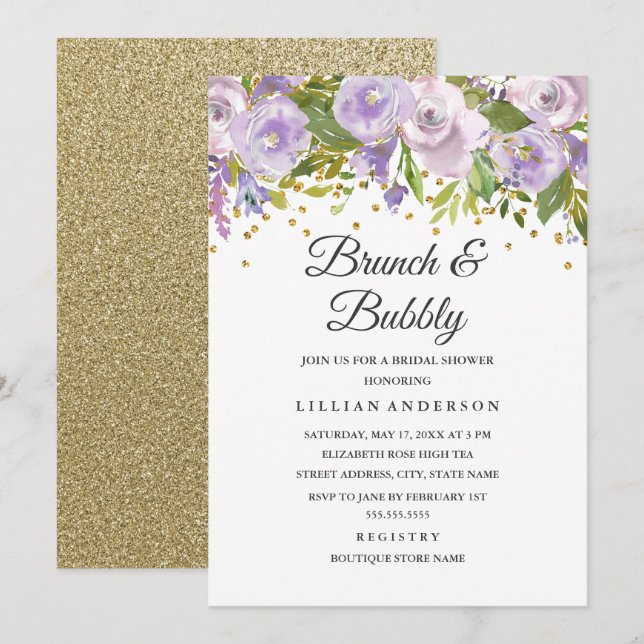 Convites Sparkle Floral Purple Brunch E Bubble (Frente/Verso)
