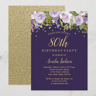 Convites Sparkle Floral Purple Dourado 80 de Aniversário Co