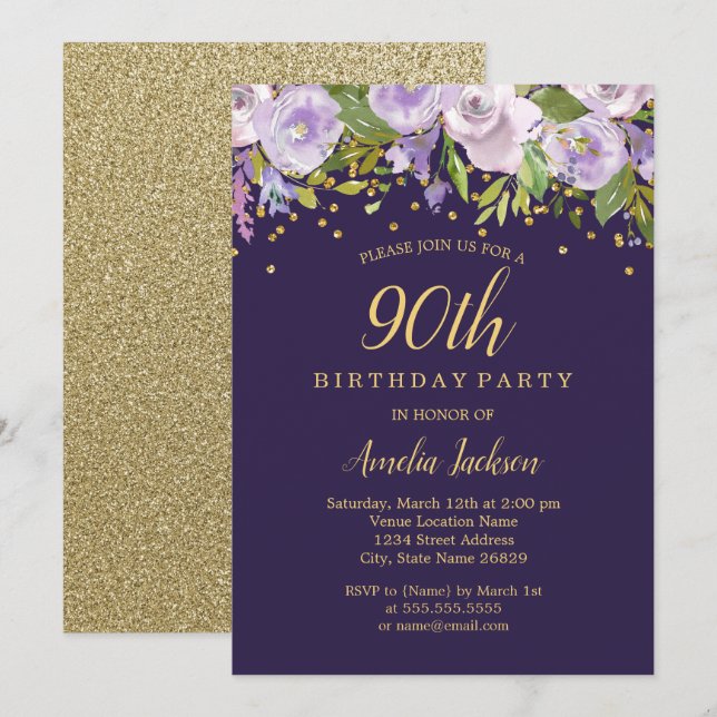 Convites Sparkle Floral Purple Dourado 90 de Aniversário Co (Frente/Verso)