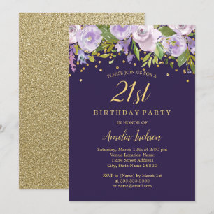 Convites Sparkle Floral Purple Dourado aniversário de 21 an