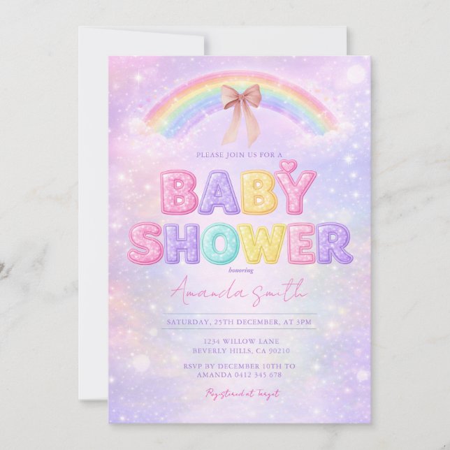 Convites Sparkle Glitter rainbow baby shower with Bow (Frente)