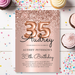 Convites Sparkle Glitter Rosa Dourado Balão 35º Aniversário