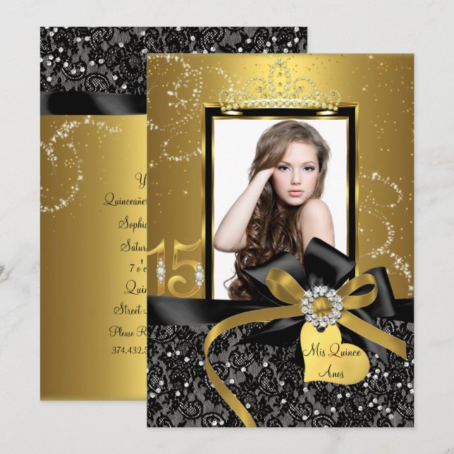 Convites Sparkle Gold Lace & Bow Photo Quinceanera (Frente/Verso)