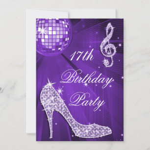 Convites Sparkle Heels Purple Disco Ball 17º Aniversário