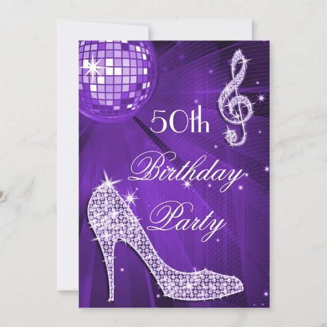 Convites Sparkle Heels Purple Disco Ball 50th Birthday (Frente)