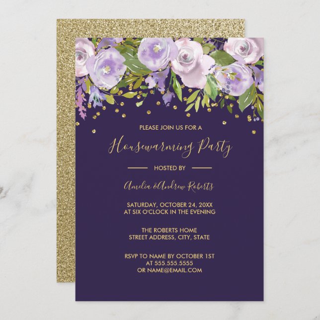 Convites Sparkle Purple Floral House Party (Frente/Verso)