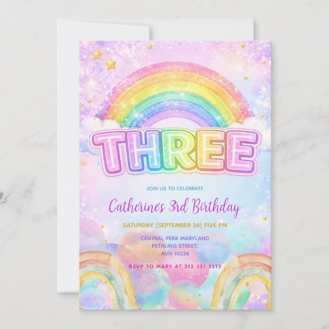 Convites Sparkle Rainbow 3rd Birthday Party (Frente)