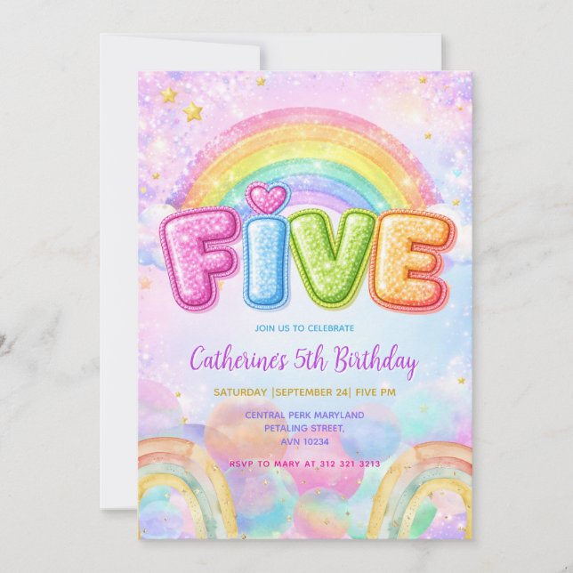 Convites Sparkle Rainbow 5th Birthday Party (Frente)