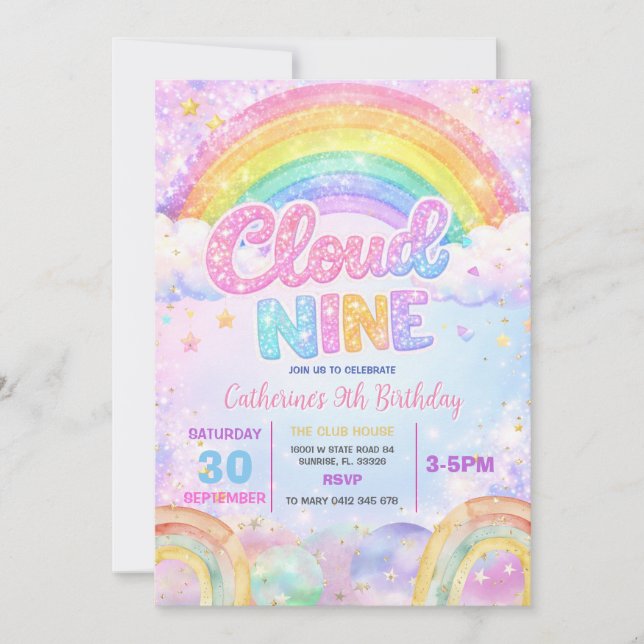 Convites Sparkle Rainbow Cloud Nine Birthday Party (Frente)