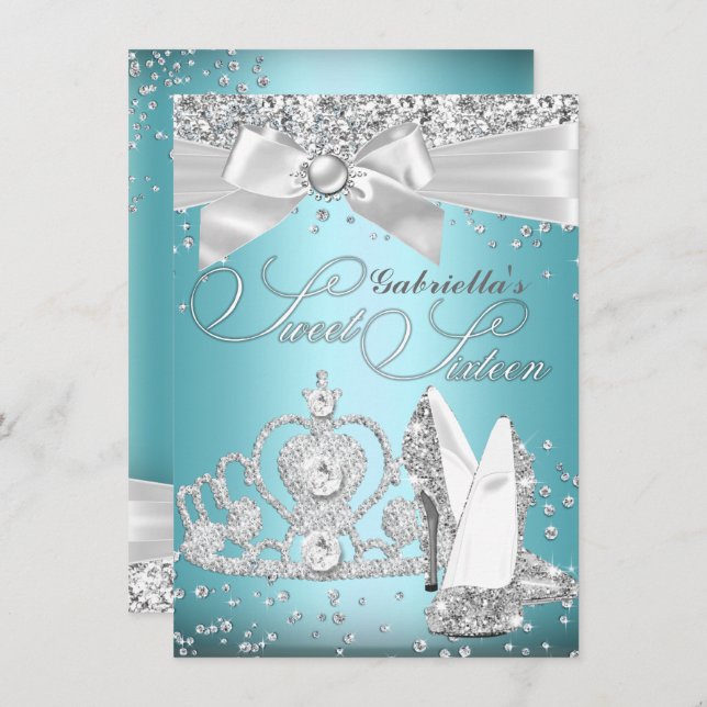 Convites Sparkle Tiara & Heels Doce 16 Azul (Frente/Verso)