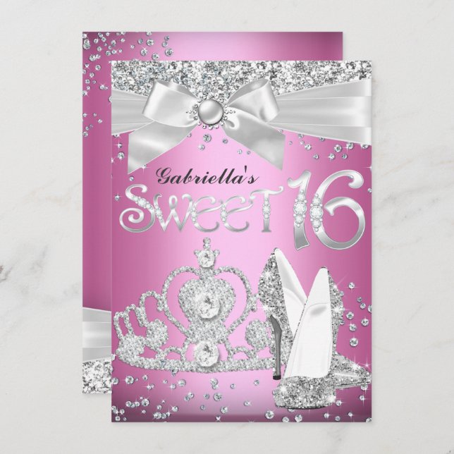 Convites Sparkle Tiara & Heels Sweet 16 Convide Rosa (Frente/Verso)