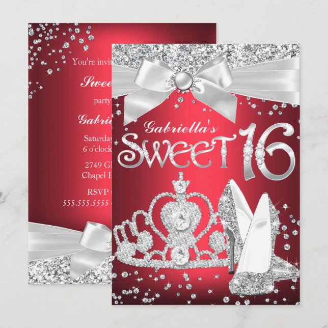 Convites Sparkle Tiara Heels Sweet 16 Invite Red (Frente/Verso)