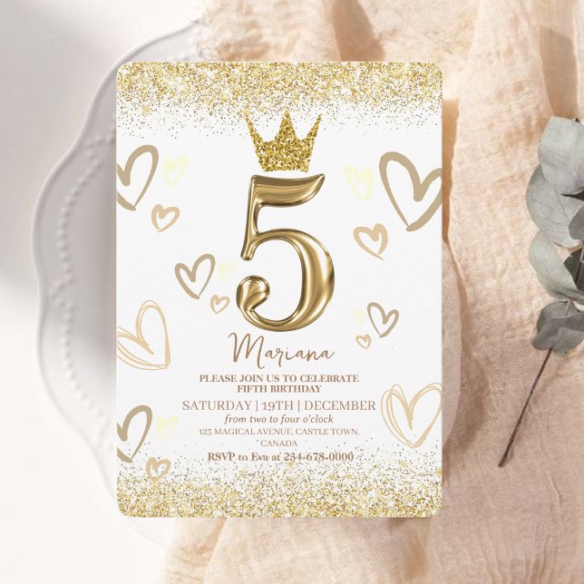Convites Sparkles Dourado Princesa Coroa 5 Aniversário (Criador carregado)