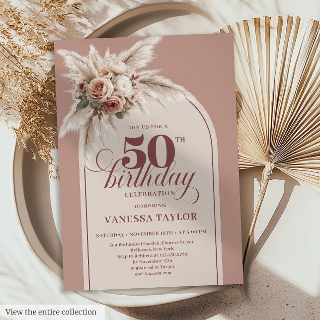 Convites Sparkling Arch Powder Pink Pampas Floral Fifty (Sparkling Arch Powder Pink Pampas Floral 50th Birthday)