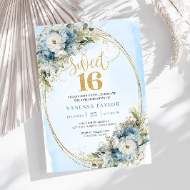 Convites Sparkling Dusty Blue Greenery Sweet Sixteen Invite