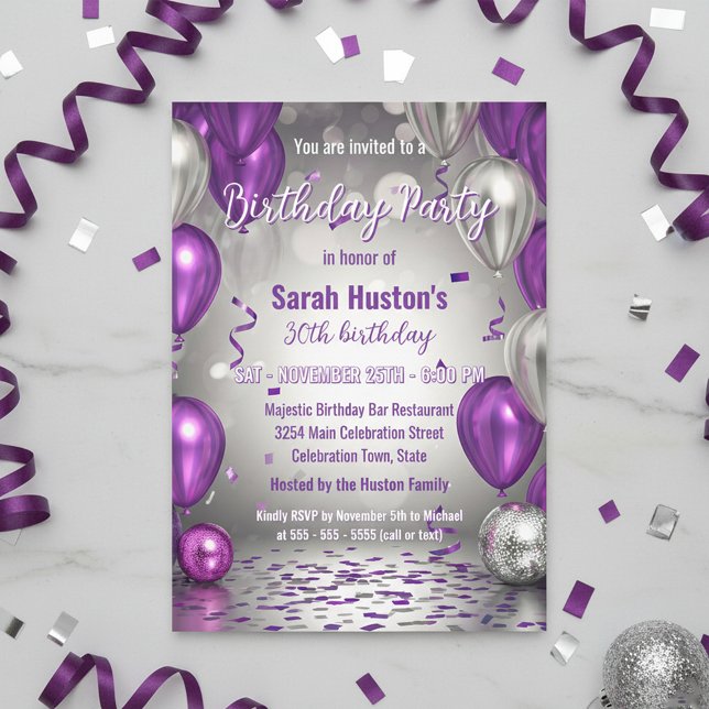 Convites Sparkling Purple and Silver 30th Birthday Party (Criador carregado)