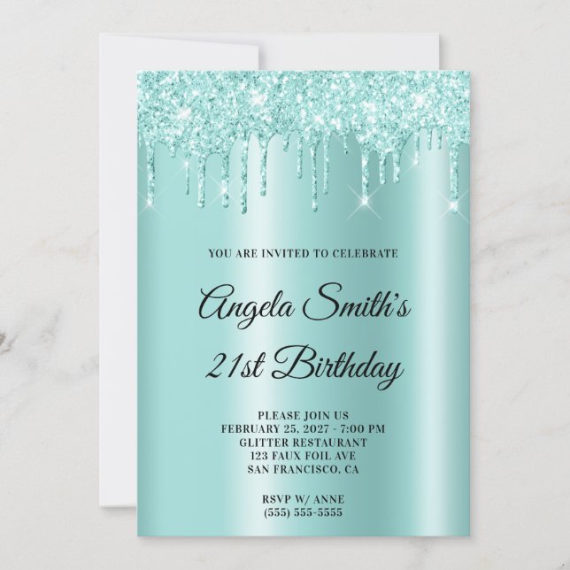 Convites Sparkly Glittery Drips Light Teal Ombre (Frente)