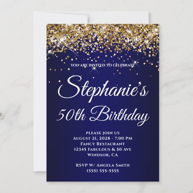 Convites Sparkly Gold Glitter Navy Gradient 50th Birthday (Frente)