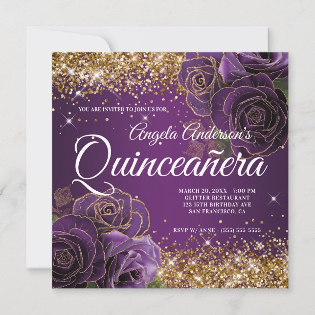Convites Sparkly Gold Glitter Rosa Roxa Quinceañera (Frente)