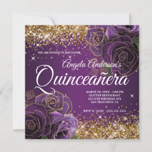 Convites Sparkly Gold Glitter Rosa Roxa Quinceañera