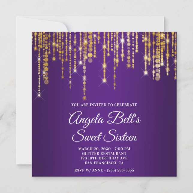 Convites Sparkly Gold Lights Royal Purple Sweet Sixteen (Frente)