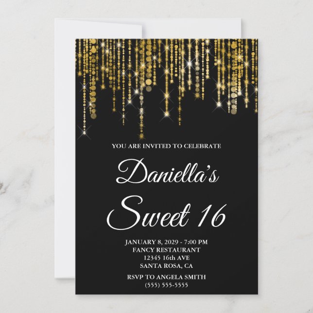 Convites Sparkly Gold String Lights Black Sweet 16 (Frente)