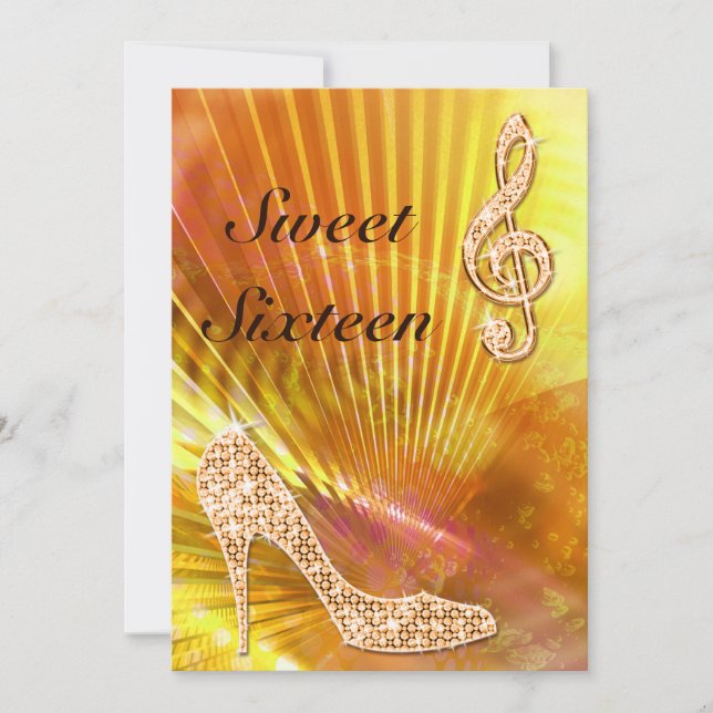 Convites Sparkly Orange Music Note & Stiletto 16 anos (Frente)