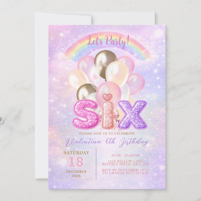 Convites Sparkly Rainbow Glitter Six Balloon Birthday (Frente)