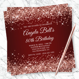 Convites Sparkly Rose Gold Glitter Dark Red 80th Birthday
