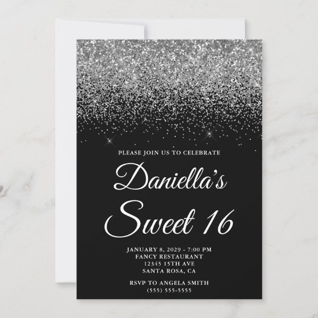 Convites Sparkly Silver Glitter Black Sweet 16 (Frente)