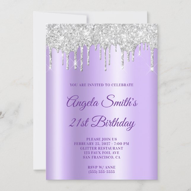 Convites Sparkly Silver Glitter Drips Lavender Ombre (Frente)