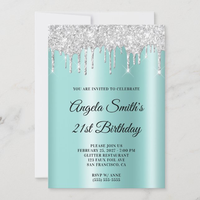 Convites Sparkly Silver Glitter Drips Light Teal Ombre (Frente)
