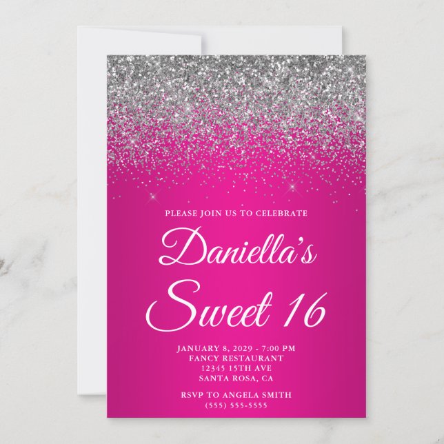 Convites Sparkly Silver Glitter Hot Pink Gradient Sweet 16 (Frente)