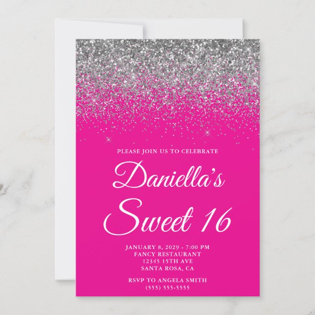 Convites Sparkly Silver Glitter Hot Pink Sweet 16 (Frente)