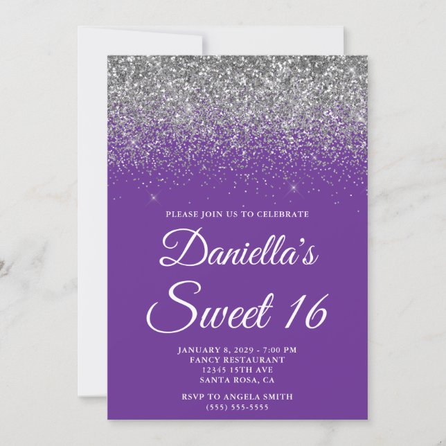 Convites Sparkly Silver Glitter Royal Purple Sweet 16 (Frente)