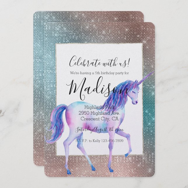 Convites Sparkly Unicorn Birthday (Frente/Verso)