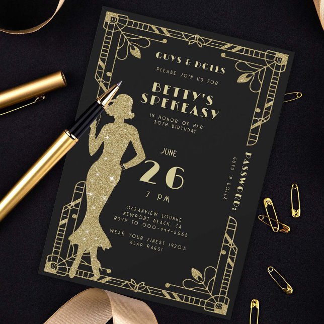 Convites Speakeasy Flapper Roaring 20s Gatsby Dourado Birth (speakeasy gatsby roaring 20s birthday party invitation gold black deco nouveau frame flapper dance)