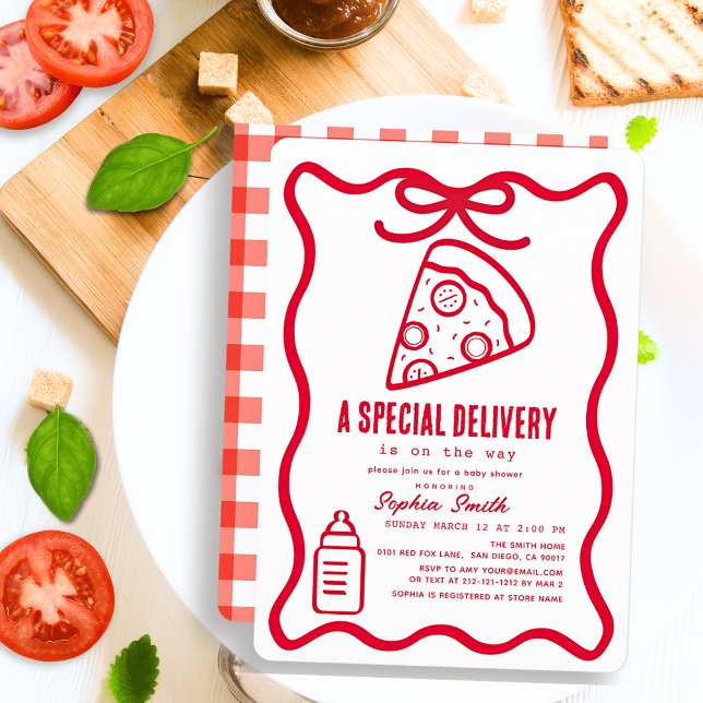 Convites Special Delivery Red Hand-drawn Pizza Baby Shower (Criador carregado)