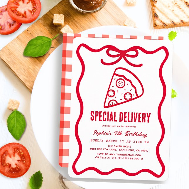 Convites Special Delivery Red Hand-drawn Pizza Birthday (Criador carregado)